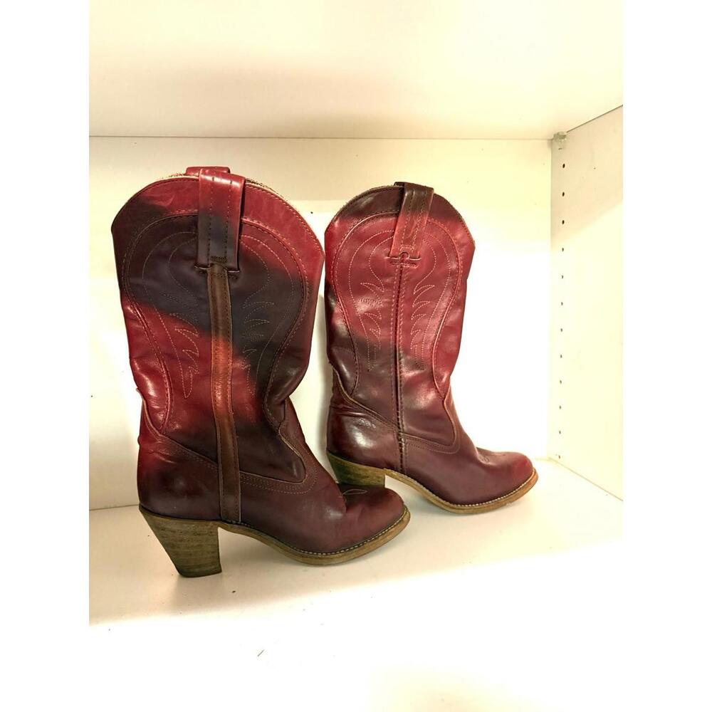 Vintage 70s Dexter Brown Leather Stacked Heel Western Boots Size 6 USA Made